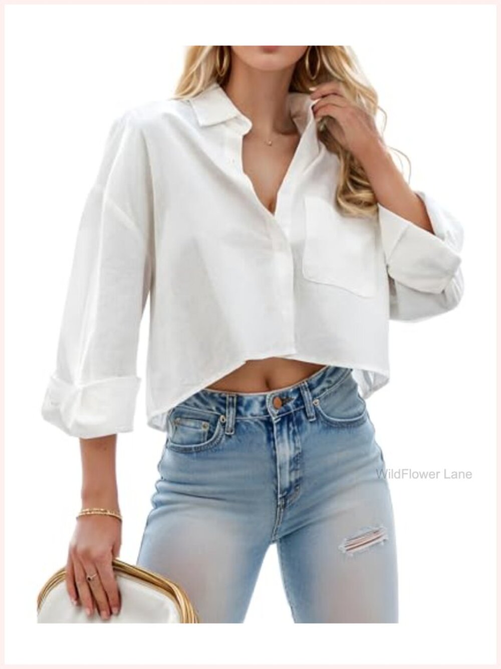 Women Cropped Button Down Long Sleeve Blouse with Pocket